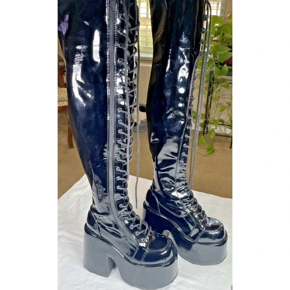 Demonia Camel 300 Platform Knee High Boots Black Patent Gothic Womens 5
